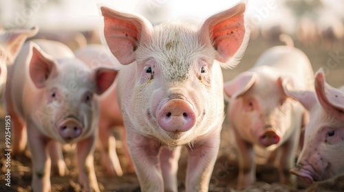 Pigs being raised in a free-range environment on a pig farm.