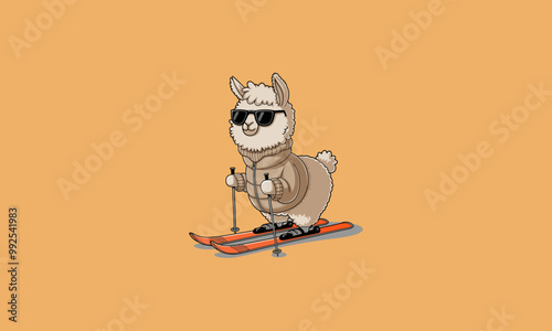 Cool alpaca skiing with sunglasses and winter gear.