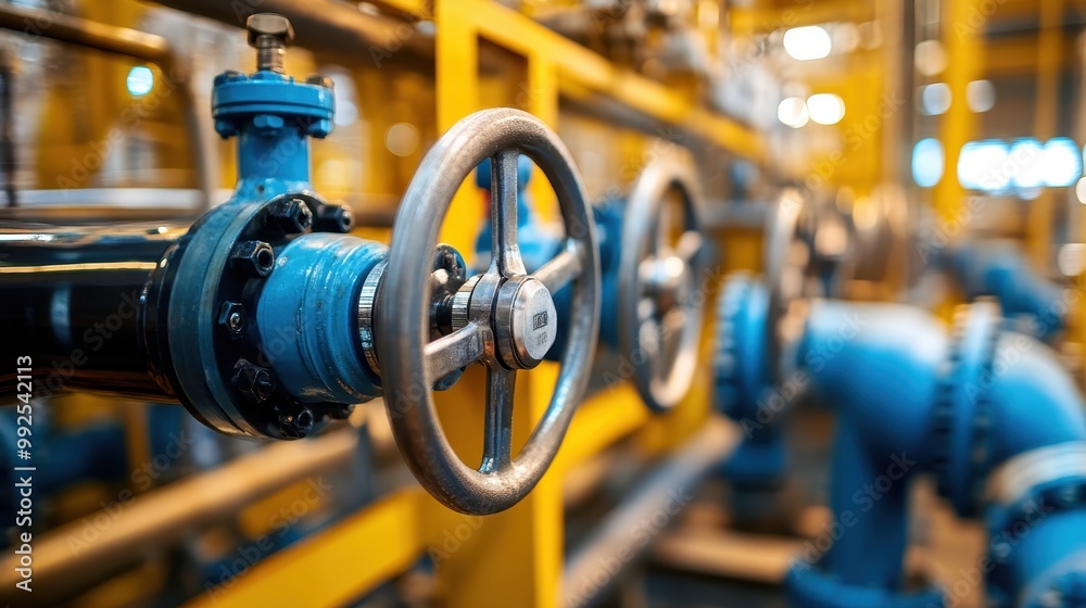 Obraz premium Industrial Pipeline System with Blue Valves and Yellow Framework in a Factory Setting