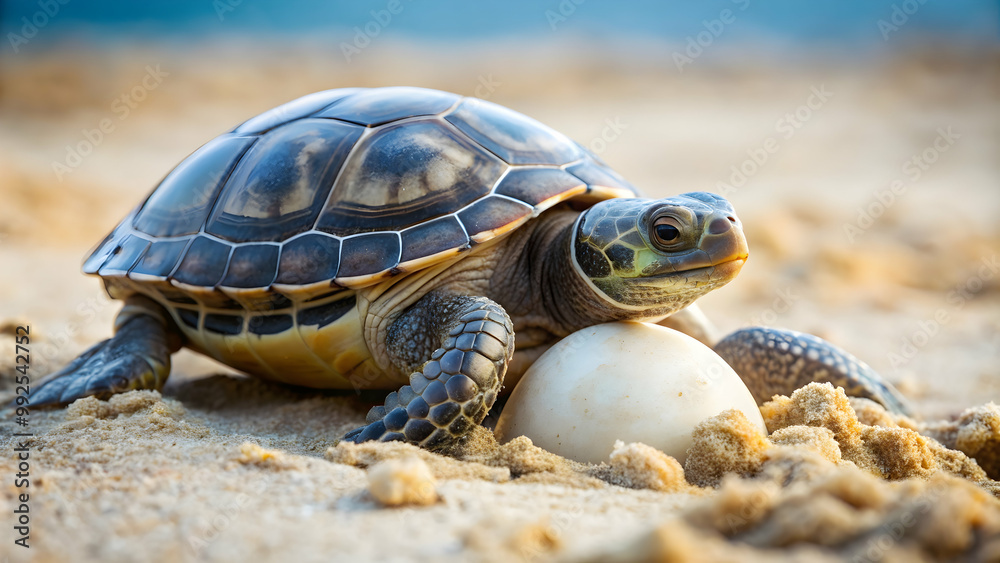Fototapeta premium Father turtle helping his hatchling, father, turtle, hatchling, nature, wildlife, family, caring, love, protection, ocean