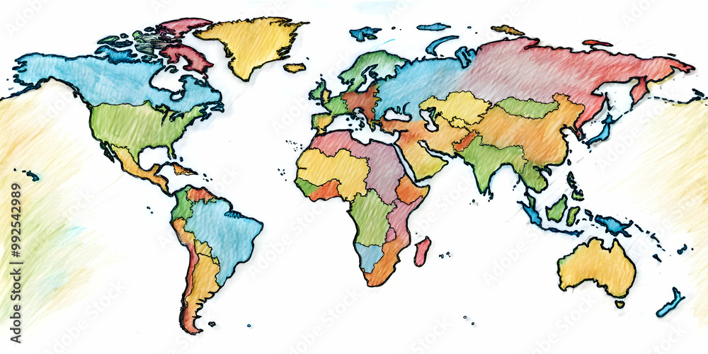 Obraz premium World map sketch with intricate details for coloring, world, map, sketch, coloring,design, detail, geography, earth