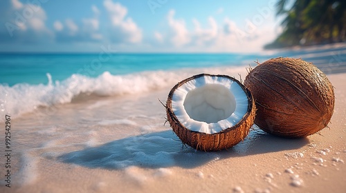 Coconut split open on a sandy beach with the turquoise ocean waves gently lapping at the shore in the background evoking a sense of tropical paradise Scientific name Cocos nucifera