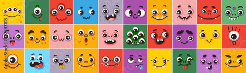 Childish monsters faces in multicolor squares flat color vector icons set. Fantastic beasts looks illustration pack. Funny avatars collection