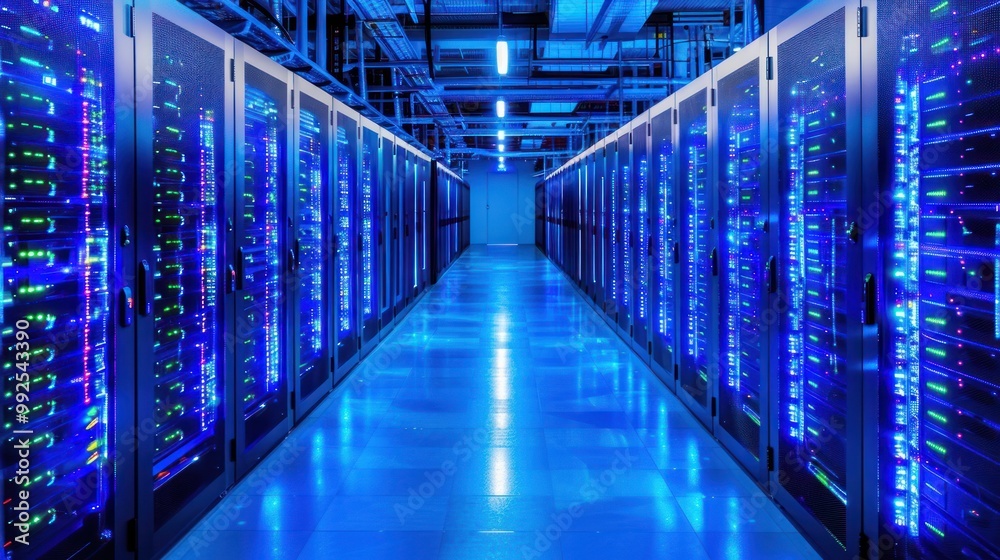Rows of servers in a high-tech server farm. Rows of servers in a high-tech server farm.