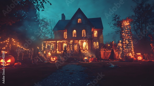 Eerie Illuminated Haunted House at Night