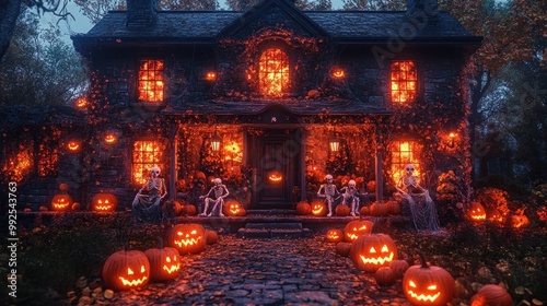 Spooky Halloween-themed house with skeletons and glowing pumpkins.