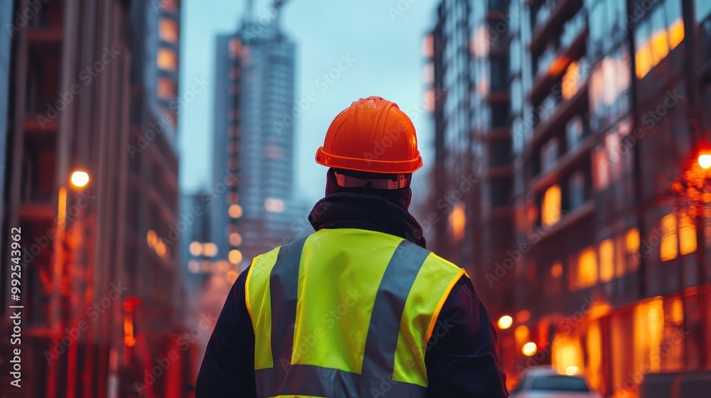 Construction Worker in High-Visibility Vest and Hard Hat Overseeing Urban Development at Dusk Construction Worker in High-Visibility Vest and Hard Hat Overseeing Urban Development at Dusk