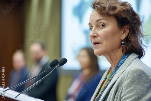 A professional woman delivers a speech at a conference, expressing ideas confidently with diverse audience members in the background. photo