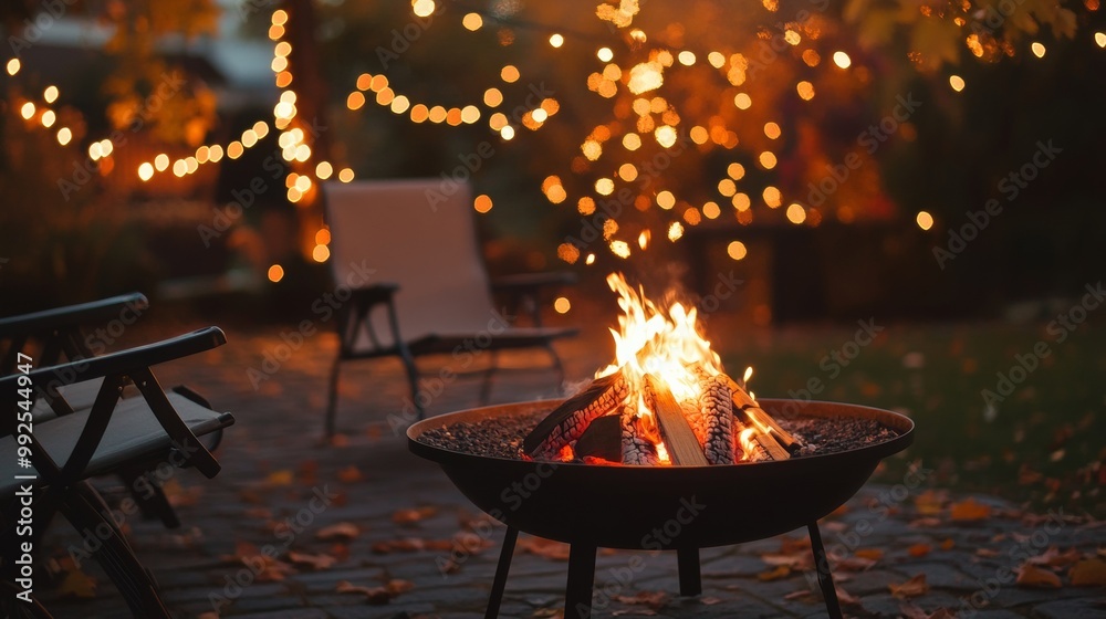 Cozy Autumn Patio with Fire Pit and Chairs. Late Night by the Fire with Fairy Lights