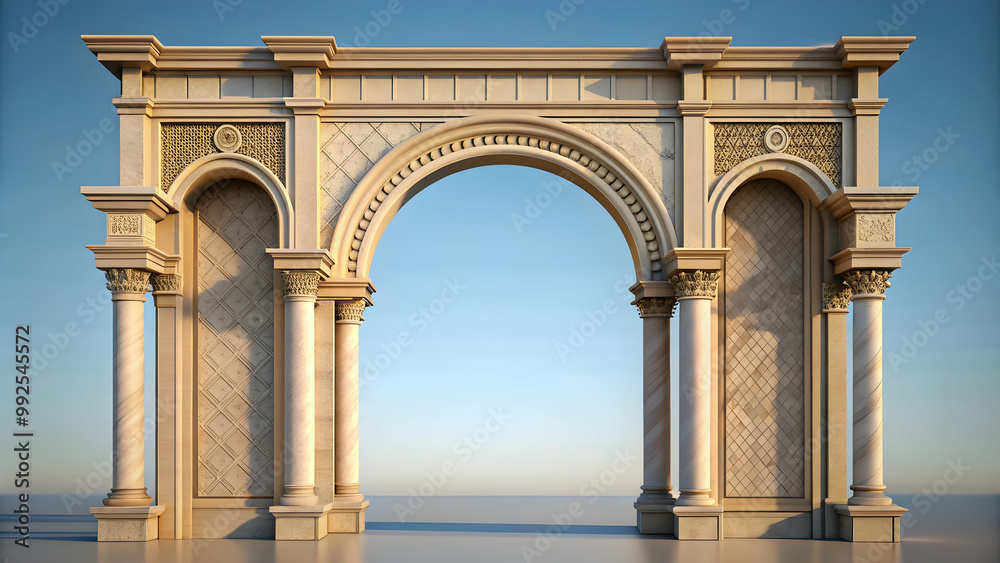 Gilded rendering of an ornate arched pillar gateway showcasing a geometric structure , metal, ornament, blueprint Gilded rendering of an ornate arched pillar gateway showcasing a geometric structure , metal, ornament, blueprint