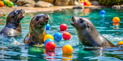 Fototapeta Naklejka Na Ścianę i Meble -  Seals playing with colorful balls in the water at sea world, Seals, playing, water, colorful balls, animals, wildlife, marine