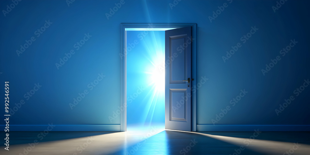 Illuminating light shining through an open blue door, light, illumination, blue, doorway, entrance, mystical, magical Illuminating light shining through an open blue door, light, illumination, blue, doorway, entrance, mystical, magical
