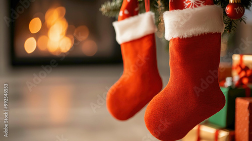 Cozy Christmas stockings hang by the fireplace, ready to be filled with holiday surprises. The warm firelight and festive décor add to the joyful Christmas spirit. photo