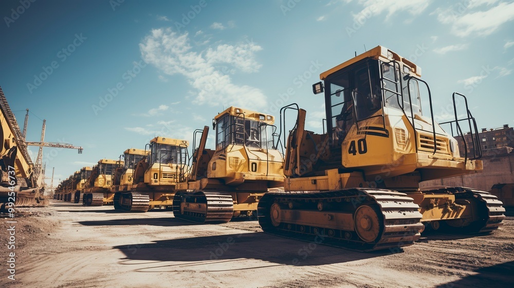 A photo of heavy machinery lined up on a construction A photo of heavy machinery lined up on a construction
