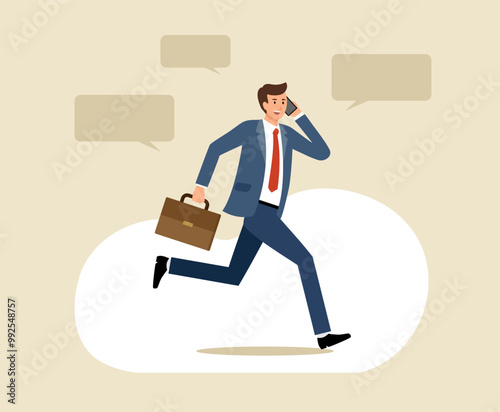 走りながらスマートフォンで通話するスーツ姿の男性のフラットなベクターイラスト画像