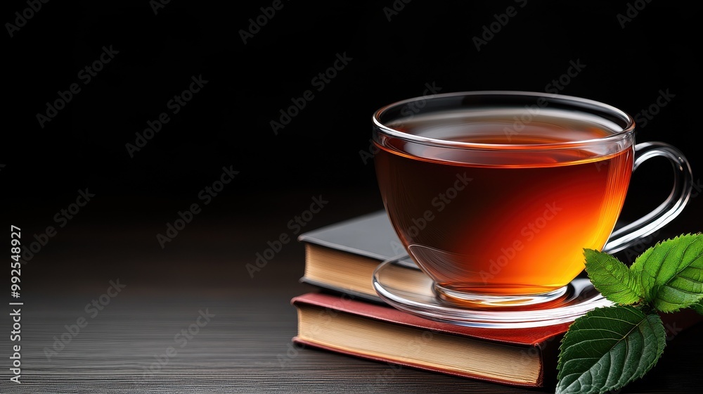 Tranquil Tea Break: A steaming cup of tea rests on a stack of books, creating a serene and inviting atmosphere perfect for relaxation and contemplation. Tranquil Tea Break: A steaming cup of tea rests on a stack of books, creating a serene and inviting atmosphere perfect for relaxation and contemplation.