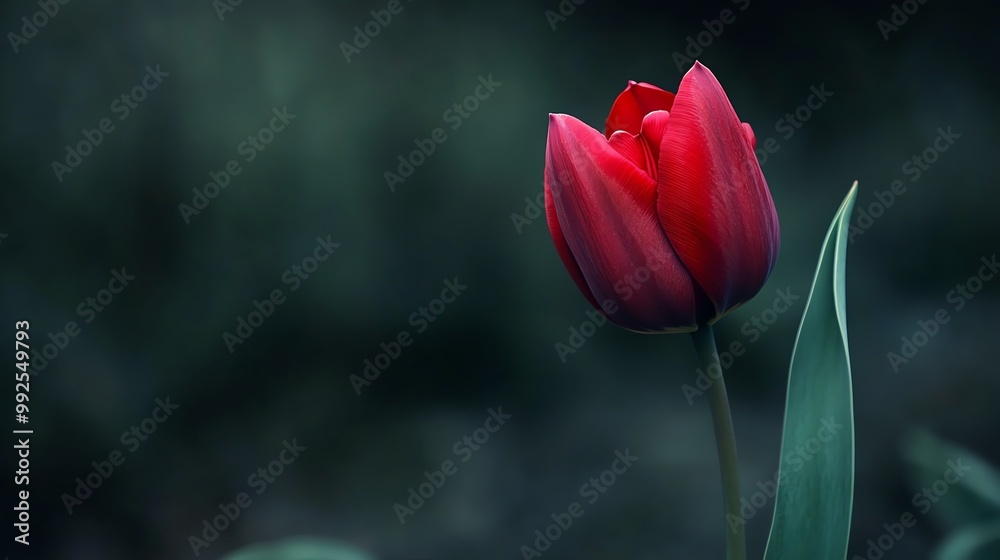 A stunning red tulip blooms gracefully, standing tall with vibrant petals against a blurred green background. A stunning red tulip blooms gracefully, standing tall with vibrant petals against a blurred green background.