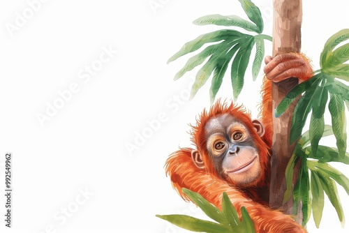 Vibrant Orangutan Infant in Tree, a captivating watercolor illustration showcasing a playful red monkey amidst lush greenery, perfect for educational materials or artistic projects.