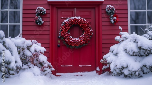 Cranberry wreath hanging front door of a colonialstyle house with snowcovered trees and a festive holiday scene in the background evoking nostalgia and tradition Scientific name Vaccinium macrocarpon photo