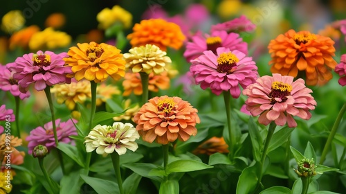 Vibrant zinnia flowers in various colors bloom beautifully in a sunny garden, showcasing nature's colorful artistry.