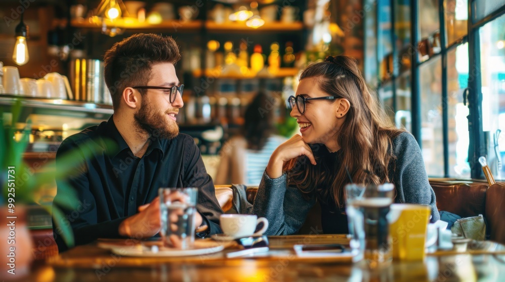 Two young colleagues discussing ideas at a coffee shop meeting. Two young colleagues discussing ideas at a coffee shop meeting.