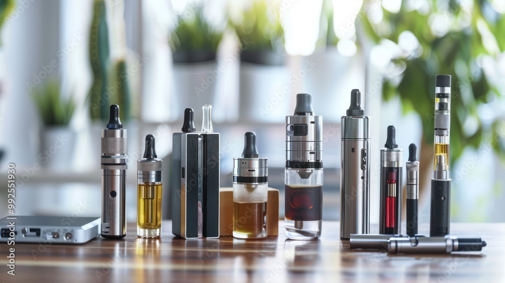 Variety of electronic cigarette devices and e-liquids. Variety of electronic cigarette devices and e-liquids.