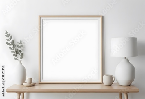 Minimalist interior with a wooden table, white frame, and ceramic decor.