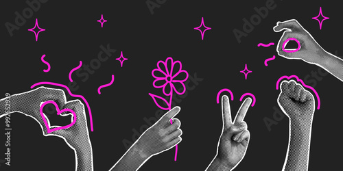 Modern halftone collage. Human hands and gestures of love,care, unity. Concept of love, support, compassion, care.
