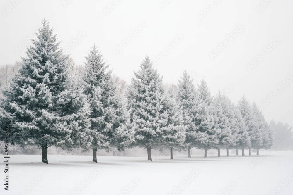 Fototapeta premium Snow-Covered Trees in a Winter Wonderland Park with White Sky and Pine Landscape
