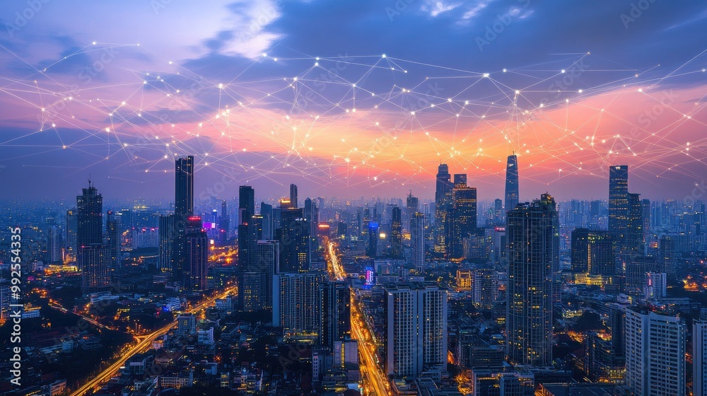 Fototapeta premium City Skyline with Digital Connections at Dusk