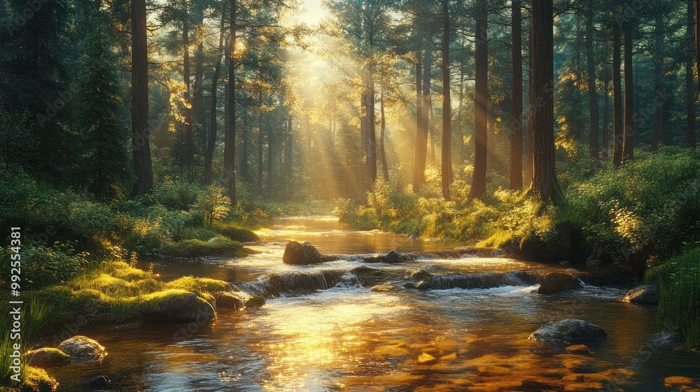 Fototapeta premium Serene forest landscape with a glowing stream and sunlight rays.