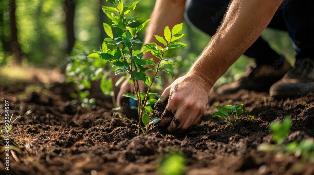 Planting Seedlings in Lush Green Forest Environment