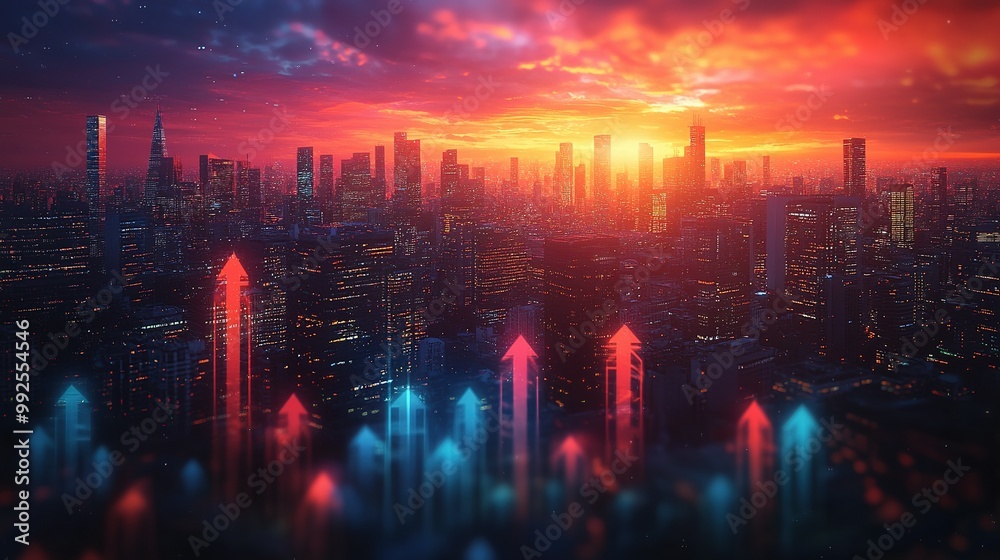 Fototapeta premium Urban Skyline with Red and Blue Upward Arrows at Sunset
