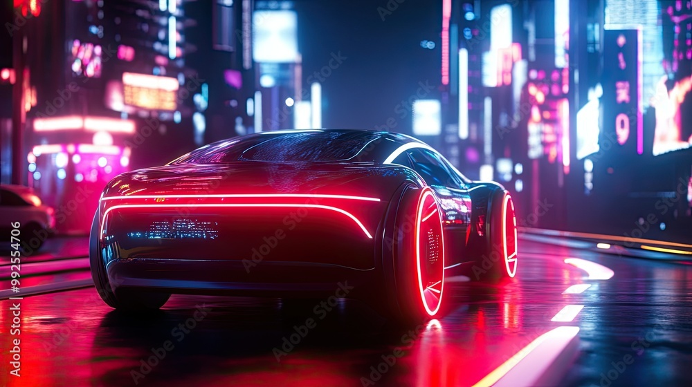 Futuristic Car in Neon Cityscape at Night Futuristic Car in Neon Cityscape at Night