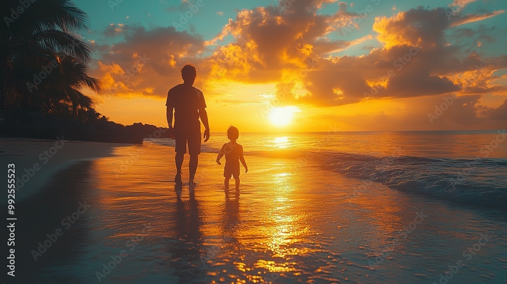 Fototapeta premium Silhouette of a Father and Son on a Beach at Sunset