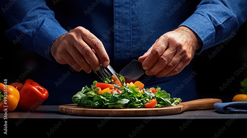 Man Preparing Salad: A close-up shot of a man's hands preparing a fresh salad with a knife and fork. He is dressed in a blue shirt, reflecting a focus on healthy eating and meal preparation. Man Preparing Salad: A close-up shot of a man's hands preparing a fresh salad with a knife and fork. He is dressed in a blue shirt, reflecting a focus on healthy eating and meal preparation.