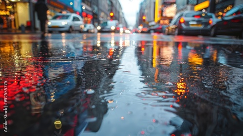 A rainy city street with reflections on the wet pavement. photo