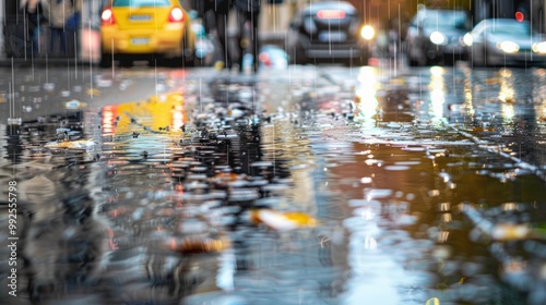 A rainy city street with reflections on the wet pavement. photo