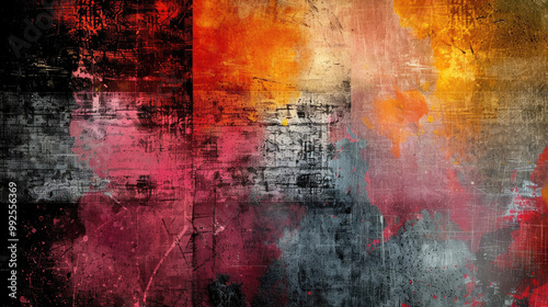 Vibrant abstract artwork featuring blend of red, orange, black, and gray textures, creating dynamic visual experience that evokes emotion and intrigue