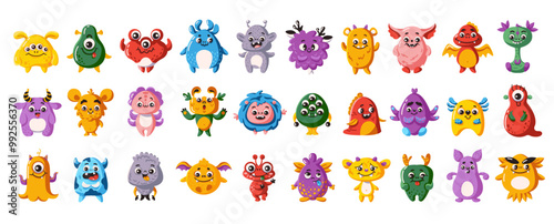 Funny alien monsters characters flat color vector icon set. Weird little creatures from another dimension illustration icon pack on white