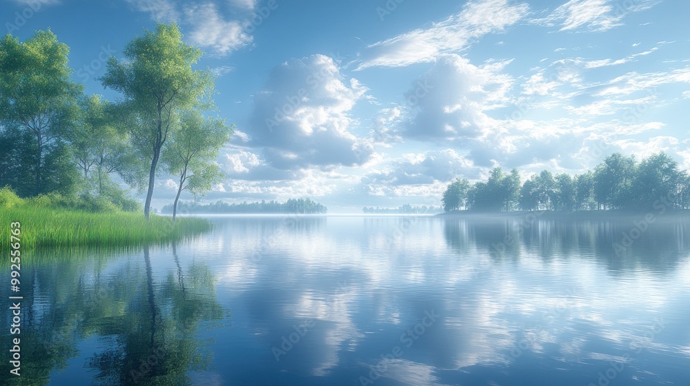 Serene lake scene with trees and clouds reflecting in calm water. Serene lake scene with trees and clouds reflecting in calm water.