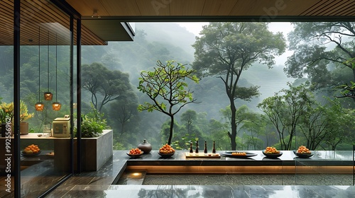 Display of Wampee fruit sleek minimalist kitchen within glasswalled mountain cabin panoramic view of misty valley ancient forest softly blurred background promoting tranquil modern setting Scientific photo