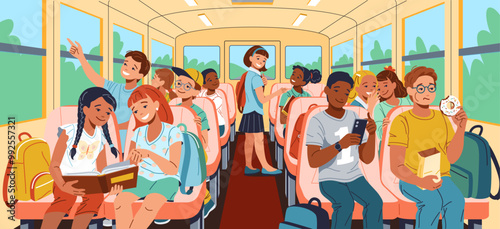Happy multiracial students riding school bus flat illustration. Children in vehicle 2D characters cartoon background. Education scene vector image