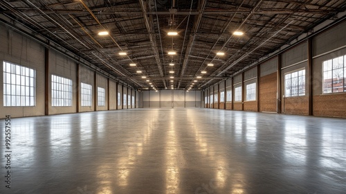 large, vacant warehouse with tall ceilings.