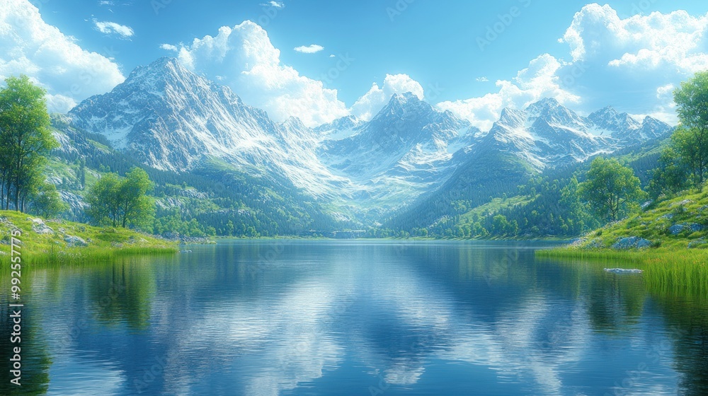 Serene mountain landscape with a calm lake and vibrant sky. Serene mountain landscape with a calm lake and vibrant sky.
