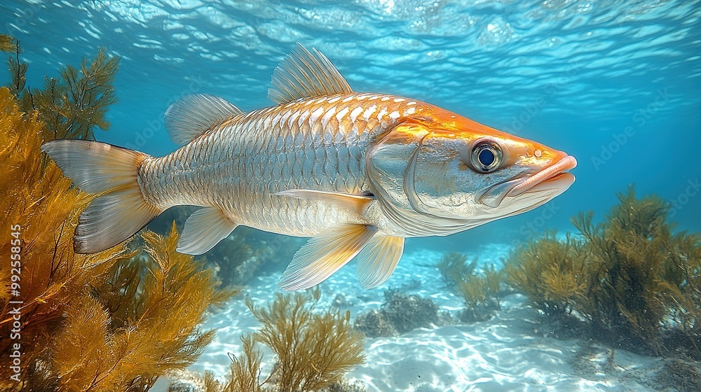 Fototapeta premium A Golden Fish Swimming in a Sea of Blue