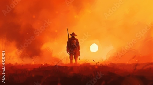 Solitary Warrior Reflects in Battle's Aftermath, a poignant illustration capturing the emotional weight of conflict and the solitude of a soldier amidst a desolate landscape photo