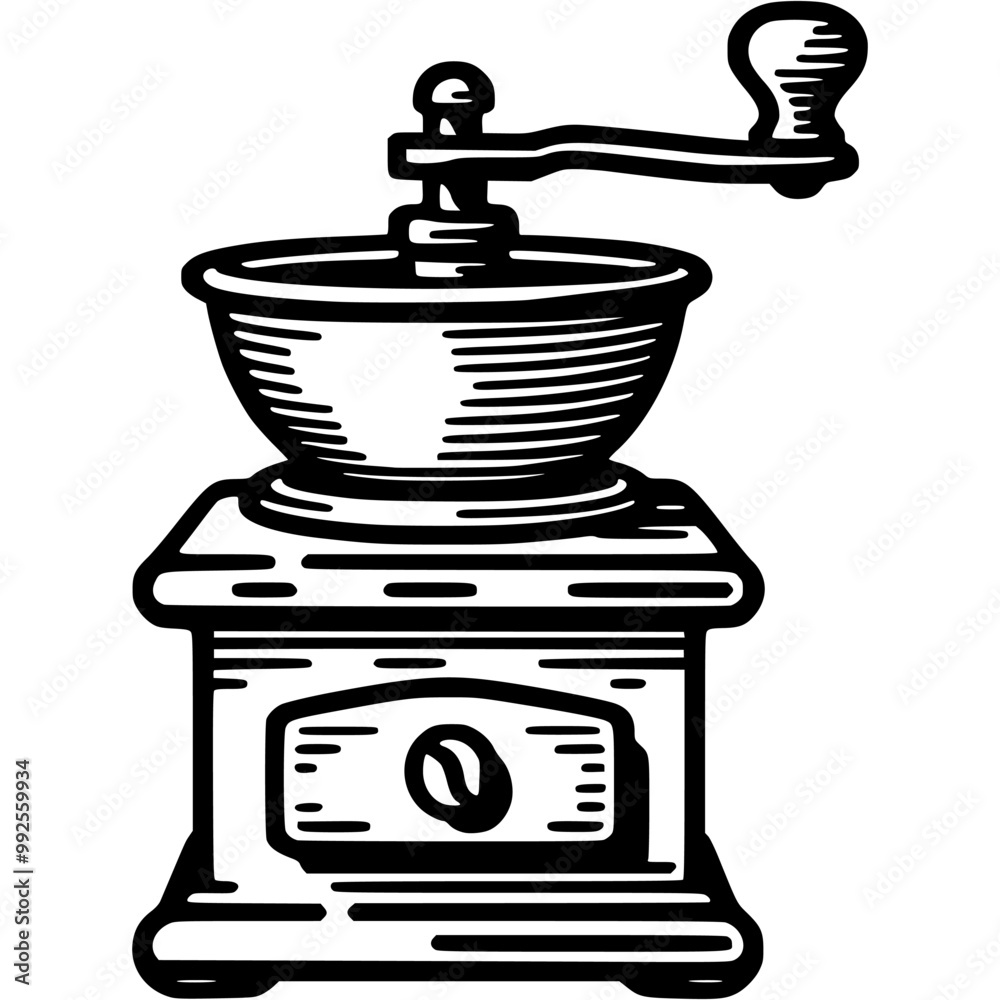 Classic coffee grinder with handle front view in monochrome. Simple minimalistic vector in black ink drawing on transparent background Classic coffee grinder with handle front view in monochrome. Simple minimalistic vector in black ink drawing on transparent background