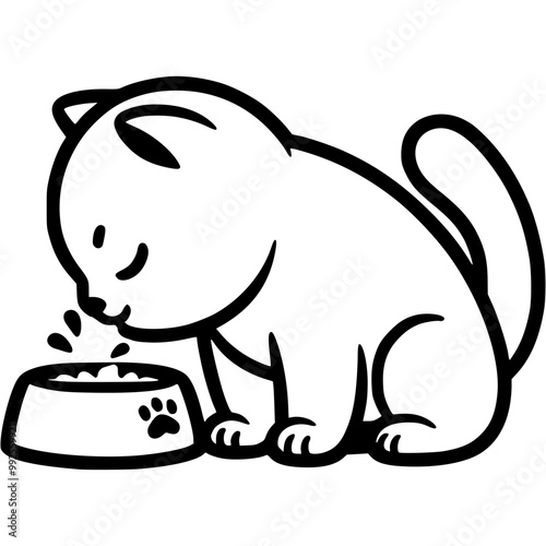 White kitten eats cat food from a bowl in monochrome. Simple minimalistic vector in black ink drawing on transparent background