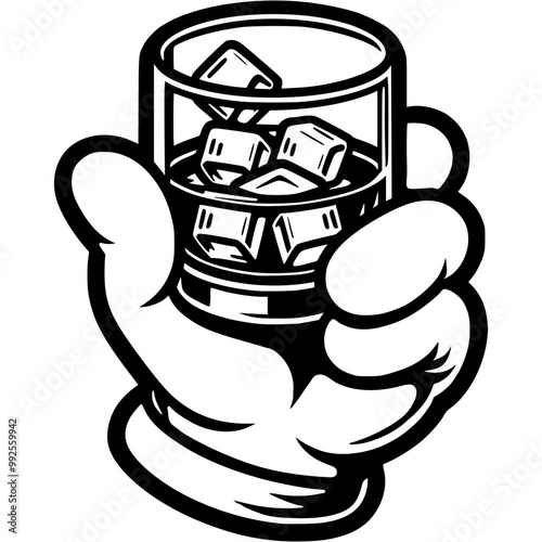 Hand of visitor to establishment holds glass of whiskey and ice in monochrome. Simple minimalistic vector in black ink drawing on transparent background